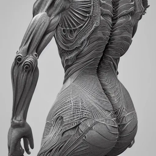 Image similar to concept of a detailed and intricate design of the back of full female anatomy, 3d design, great finesse organic hyper detailed, engineering blueprints, technical drawings, calculus, stained paper, hyperrealistic, ultra detailed, 4K, octane render, unreal engine