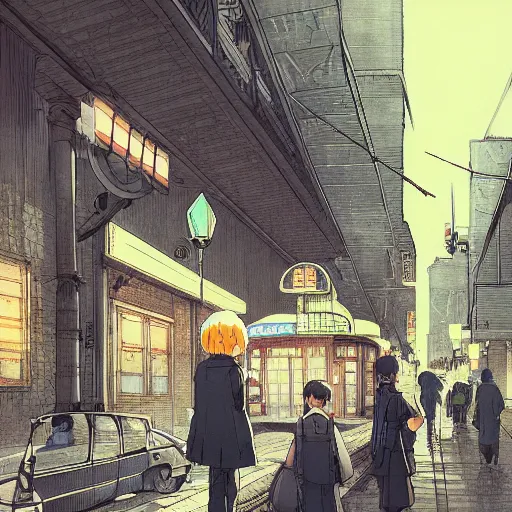 Image similar to dark city bus stop, Miyazaki tekkonkintreet Teikoku Shounen style, amazing Traditional Japanese style, very detailed,ArtStation