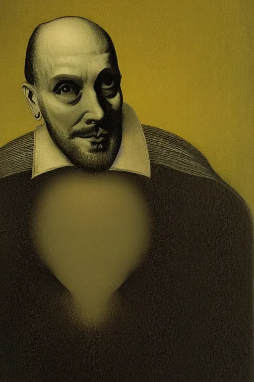 Image similar to Shakespeare portrait as a vocalis black metal Edward Hopper and James Gilleard, Zdzislaw Beksisnski, higly detailed