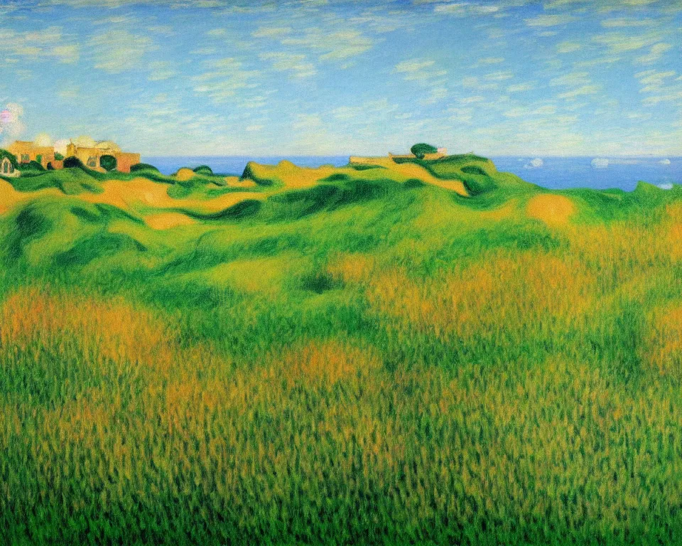 Image similar to achingly beautiful painting of bandon dunes fairway by rene magritte, monet, and turner.