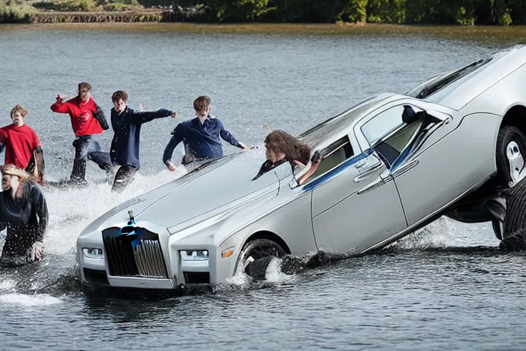 Image similar to Group of teenagers push Rolls-Royce into lake from small slide