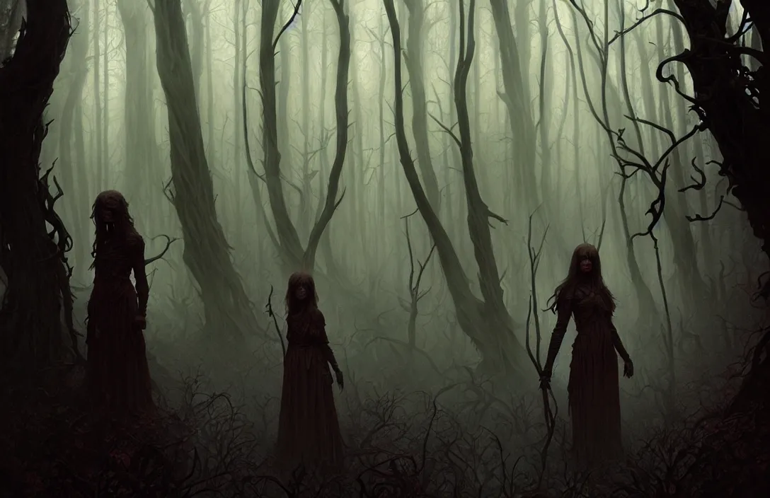 Image similar to shadow people inside a dark horror forest, heroic lighting, folklore, intricate, highly detailed, lifelike, photorealistic, digital painting, artstation, illustration, concept art, smooth, sharp focus, art by John Collier and Albert Aublet and Krenz Cushart and Artem Demura and Alphonse Mucha