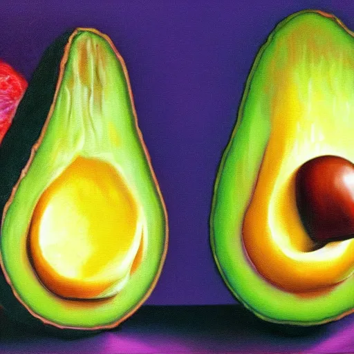 Image similar to bob ross embedded in an avocado, surrealist painting