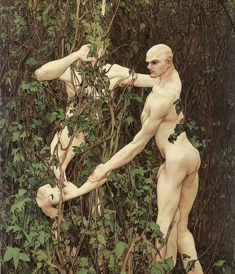 Prompt: portrait of a 1 5 foot tall, muscular, bald, smooth, extremely pale, androgynous humanoid with a perfectly symmetrical face, dressed in black body armour, in the background is a dense and foggy forest of trees, intricate detail, smooth, sharp focus, monochrome, high contrastl, art by artgerm and alphonse mucha,