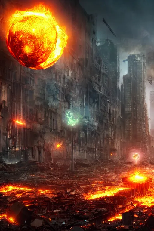 Image similar to Cybernetic Robotic Fire Orb Floating above a destroyed city street, fantasy, photorealistic, metropolis
