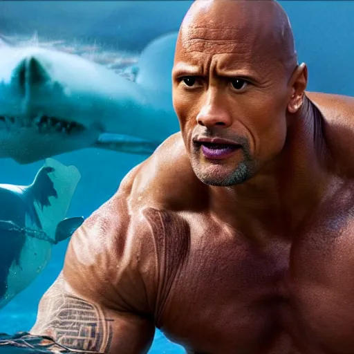 Image similar to photo!!!! of Dwayne Johnson riding a shark in the middle of the ocean, full shot, highly detailed face, highly detailed shark, 8k, cinematic, reflections, lightning