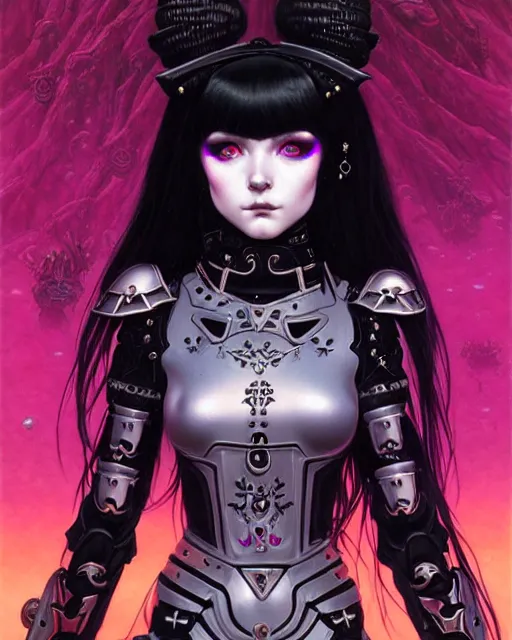 Image similar to portrait of beautiful cute goth girl in warhammer armor, art by kuvshinov ilya and wayne barlowe and gustav klimt and artgerm and wlop