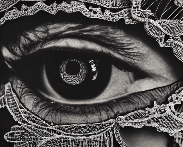 Prompt: extreme close up of a woman's eye, made of intricate decorative lace leaf skeleton, in the style of the dutch masters and gregory crewdson, dark and moody