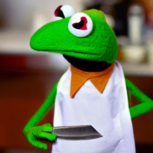 Prompt: a realistic photograph of Kermit the frog holding a kitchen knife, horror vibe