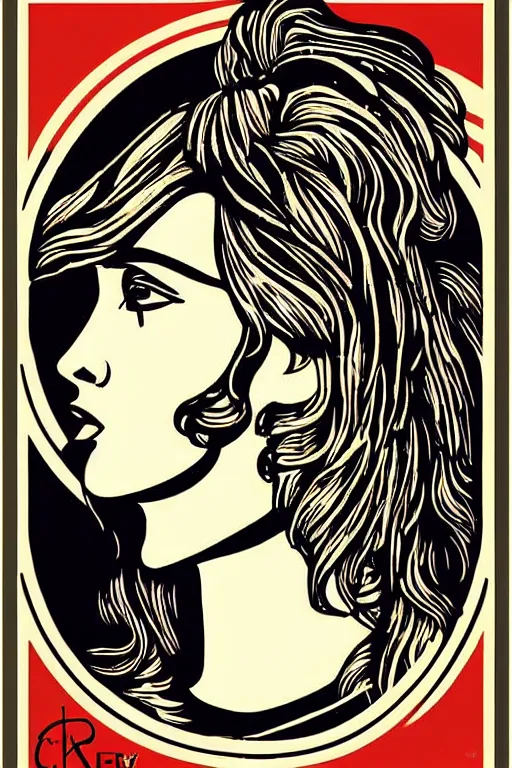 Prompt: Shepard Fairey poster of a Greek Goddess posed in profile, she has beautiful bone structure and long hair. Eyes closed. highly detailed, ornate, Art Deco