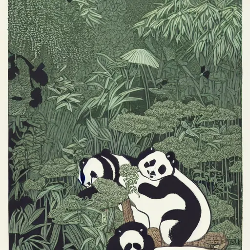 Image similar to pandas, and other wild life in a linocut print of lush fantasy forest, amazing art, highly detailed, intricate, color, masterpiece, by victo ngai, craig mullins