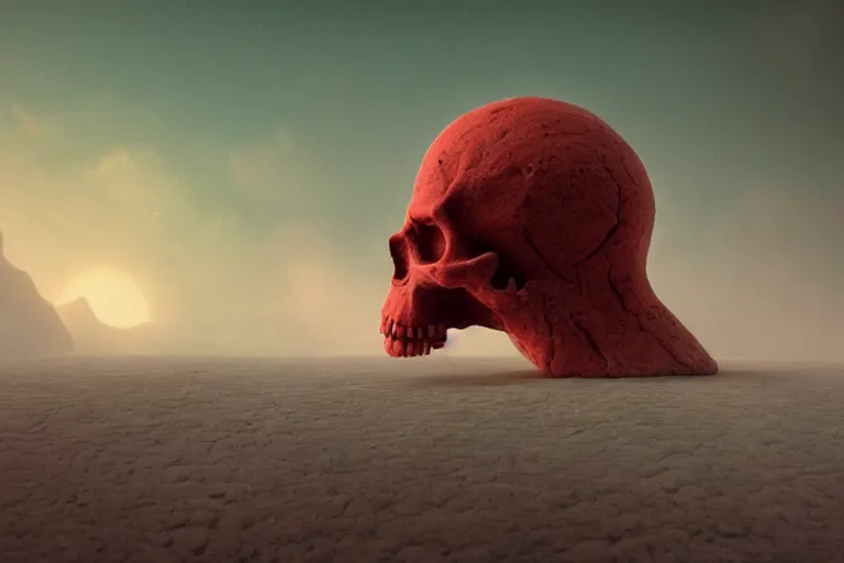 Prompt: a hd render of a hovering red skull, surreal frozen landscape, 8 k, cinematic lighting, by beeple and zdzisław beksinski