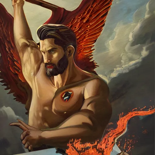 Image similar to An epic Socialist Realism comic book style, stunning, breathtaking, awe-inspiring award-winning concept art nouveau painting of sophisticated portrayal of Lucifer, invincible and triumphant over Heaven, exquisite and handsome wings, holding a flaming sword of hellfire in his hands , fisheye, a star is born in the background, photorealistic, complex, intricate, 3-point perspective, hyper detailed, unreal engine 5,DAZ, symmetrical, octane render, dynamic lighting, 8k , IMAX quality, polished, photoshopped, high resolution, , path tracing, volumetric lighting, Arnold render