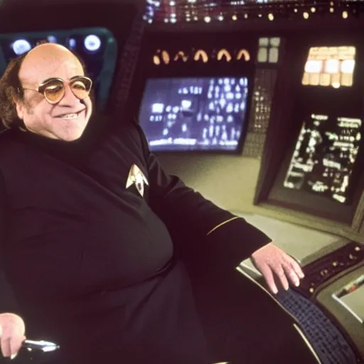 Image similar to captain danny devito sitting in the captains chair of the USS enterprise, star trek the next generation, cinematic