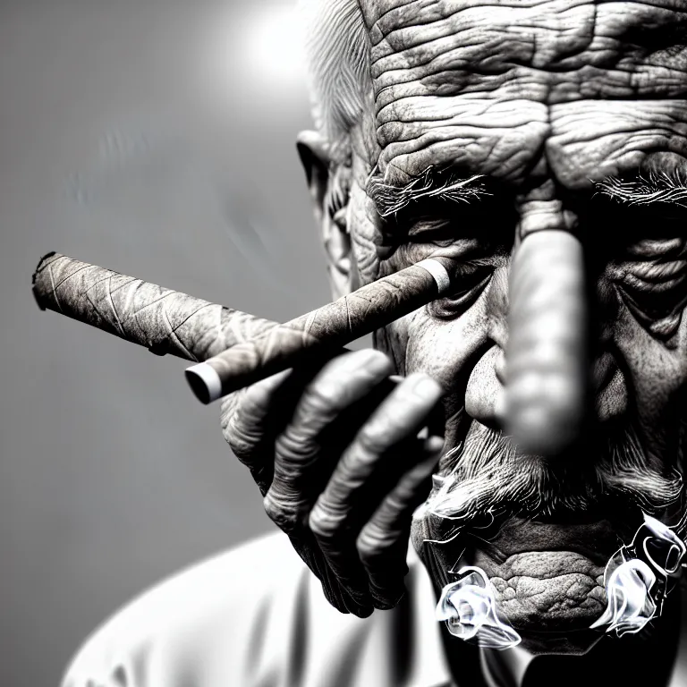 Image similar to a detailed portrait of an old man, smoking a perfectly symmetrical cuban cigar, cinematic photography, smoke rising like clouds, beautifully symmetrical, super resolution, cgi, trending on art station, volumetric lighting & shadows, hyper detailed, 8 k, unreal engine, canon 2 0 0 mm,