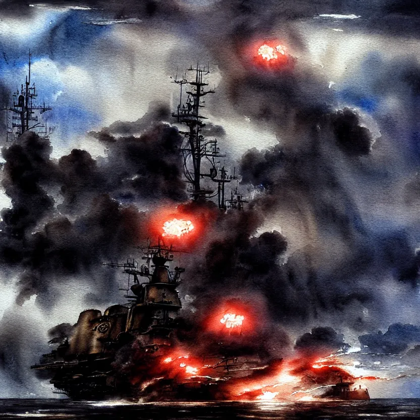 Image similar to a turbulent scene of a steampunk battleship wailing through a torrid volume of gaseous black smoke with lightning striking at will. cinematic effect, watercolor painting, overcast effect, chaos.
