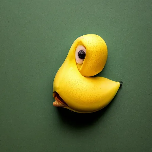 Prompt: Professional photograph of a peeled banana with small dot eyes and a duck beak. A banana duck. Banana that looks like a duck.