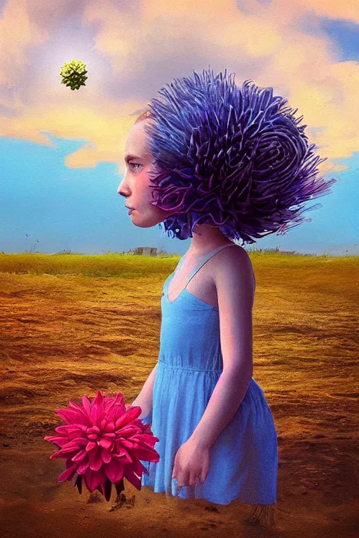 Image similar to closeup girl with huge dahlia flower head, on beach, surreal photography, blue sky, sunrise, dramatic light, impressionist painting, digital painting, artstation, simon stalenhag