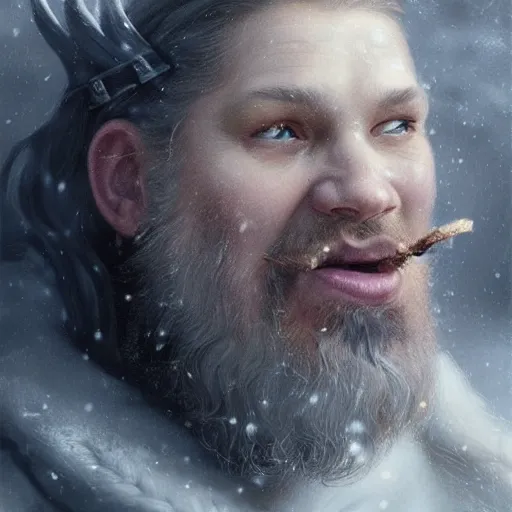 Image similar to epic portrait An viking eating loaf of bread during winter, blizzardy, beauty, pretty face, glossy skin, beard, digital painting, artstation, concept art, soft light, hdri, smooth, sharp focus, illustration, fantasy, intricate, elegant, highly detailed, D&D, matte painting, in the style of Greg Rutkowski and Alphonse Mucha and artemisia, 8k, highly detailed, jurgens, rutkowski, bouguereau, pastoral, rustic, georgic