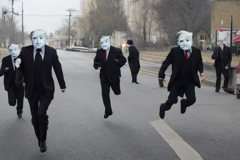 Image similar to dramatic cinematic bank robbers running out of white bank wearing trump masks by Emmanuel Lubezki