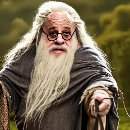 Image similar to danny devito starring as gandalf the white in the 2 0 2 4 lord of the rings movie, full body, hyper realistic, high quality, wide angle, always sunny in philadelphia