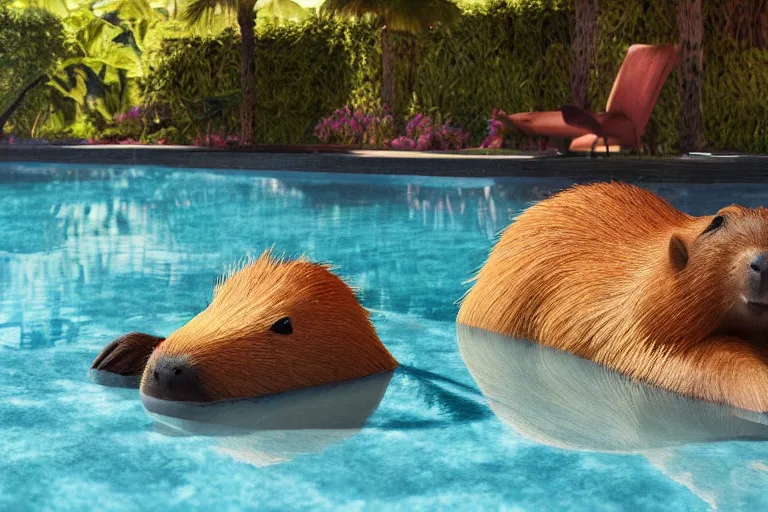 Prompt: a photo of 8k a cute capybara relaxing at the pool, cinematic lighting, trending on artstation, 4k, hyperrealistic, focused, extreme details, unreal engine 5, cinematic, masterpiece