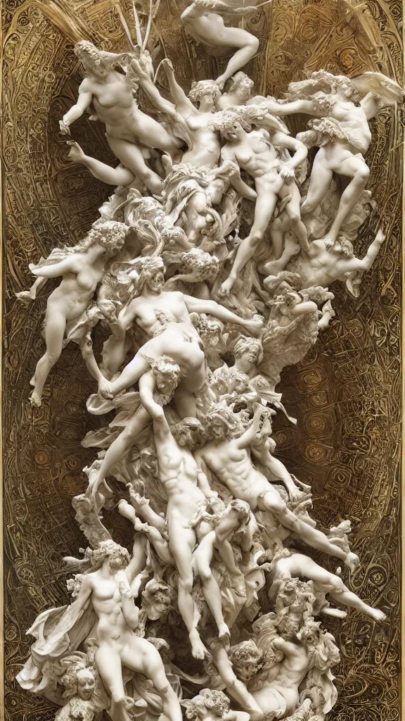 Prompt: an epic sculpture made of marble and ivory, fall of the rebel angels, by gustave dore, by alphonse mucha, hell, sculpture standing on in a large studio space, monumental, epic, detailed, intricate, volumetric lighting, realistic, octane render, in frame, 2 0 % pearlescent detailing