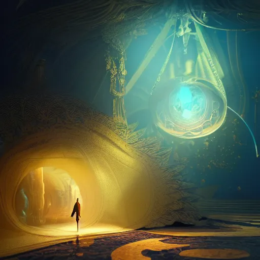 Image similar to within a flower the whole and finite capsule apparent with awe the apparition, an idea seep's into infinity highly detailed in volumetric latent space, golden turquoise steampunk, high contrast cinematic light, mystical shadows, sharp focus, divine realm of gods, octane render, artist by greg rutkowski,