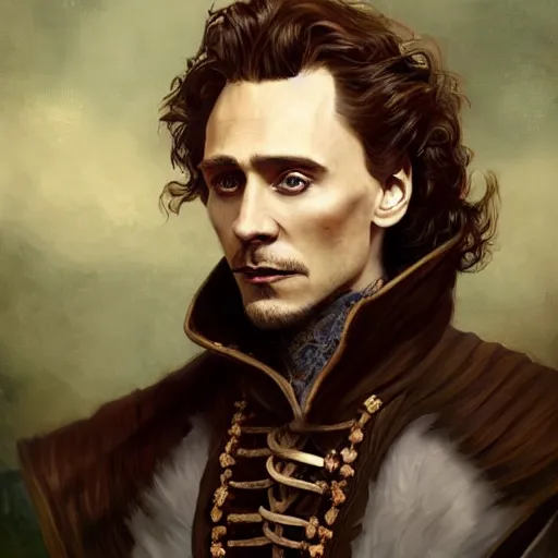 Image similar to a man wearing a doublet, tom hiddleston, painted fantasy character portrait, highly detailed, digital painting, artstation, concept art, sharp focus, illustration, art by artgerm and greg rutkowski and alphonse mucha