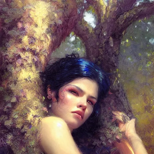 Image similar to portrait of a woman resting on a large tree, short black hair, decorative dark blue clothing, sharp focus, ultra realistic digital painting, colorful, cinematic lighting, high fantasy, intricate, highly detailed, smooth, elegant, gaston bussiere, bayard wu, greg rutkowski