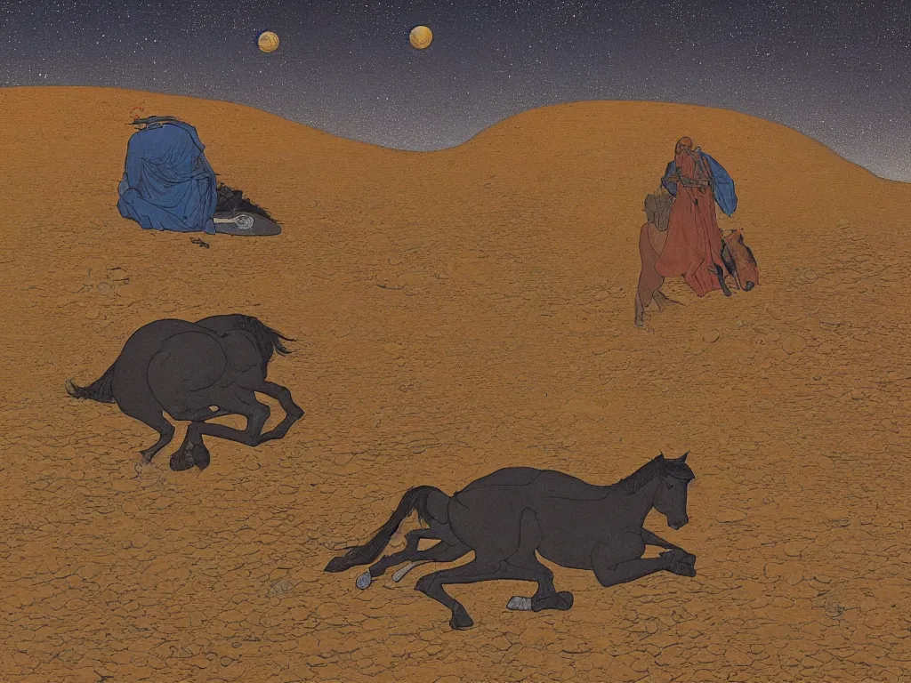 Prompt: portrait of a man with horse sleeping on the ground on mars. painting by limbourg brothers, moebius