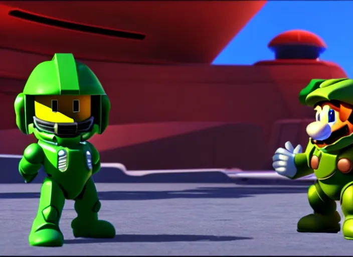 Prompt: marioand masterchief!!!!!!! in 3 d video game screenshot!!! from the new master chief video game mario halo master chief