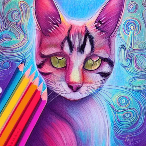 Image similar to beautiful pencil drawing of a cat by the artist loish, flowy lines, colorful, bright, cheerful, done in procreate, very beautiful sketch by loish