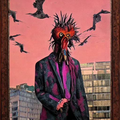 Image similar to shredded physique feathered tall neck beak Portrait of Samuel Beckett camouflaged as Flamingo whilst wearing a pink tuxedo Standing atop a Garbage Truck Greg Rutkowski Vik Muniz Paul Cezanne Andrew Wyeth Dan Witz