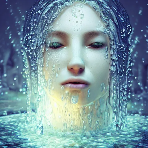 Image similar to ultra realistic 3 d render of a goddess made of water and flowers rising out of the water dripping by charlie bowater and farid ghanbari, beautiful, bioluminescent, ethereal, mist, waterfall