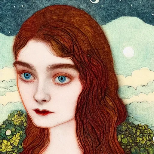 Prompt: professional painting of Elle Fanning in the style of Edmund Dulac, head and shoulders portrait, symmetrical facial features, smooth, sharp focus, illustration, intricate, stormy weather, extremely detailed masterpiece,