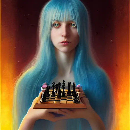 Image similar to beautiful young rimuru tempest playing chess, with amber eyes of golden colored eyes, straight hair, sky blue hair, long bangs, high collar, concept art, award winning photography, digital painting, cinematic, wlop, 8 k, by ross tran, tom bagshaw, andy warhol