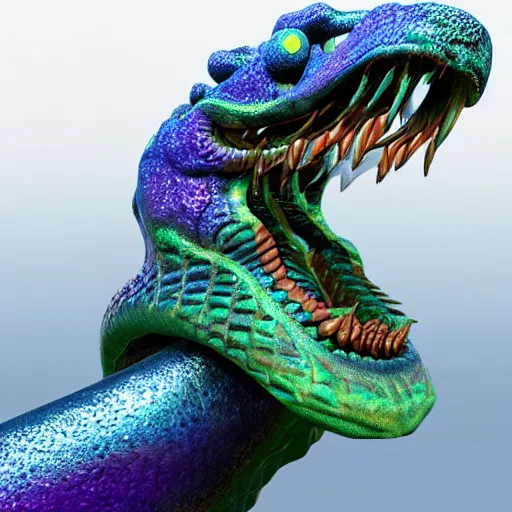 Image similar to 3 d fantasy sea serpent face close up iridescent purple blue green cycles render character concept 3 d render detailed