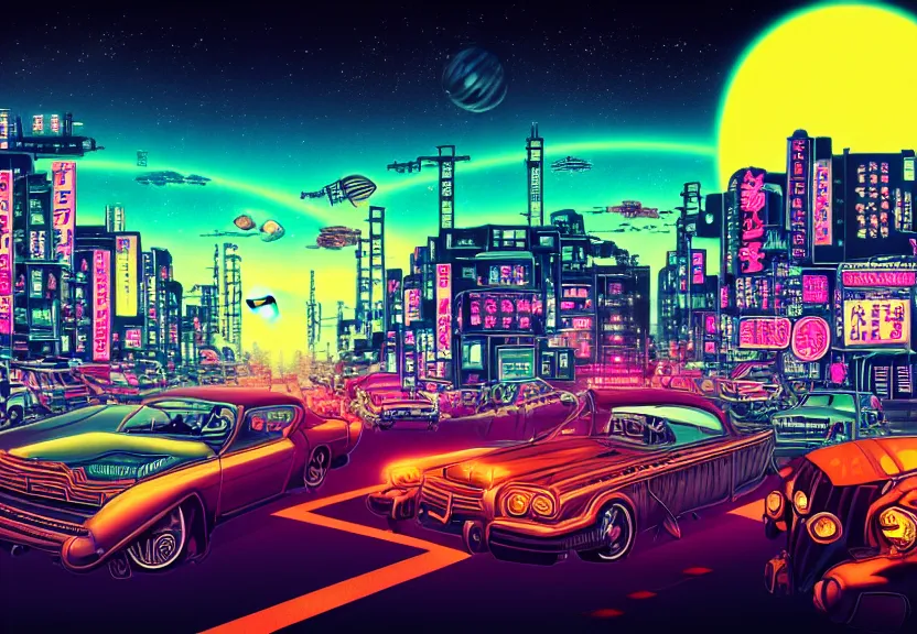 Prompt: old cars go along road away in neo - tokyo, sinthwave, steampunk, neon, magic colorful sky, magic lights, magic stars, magic sunset, big bright planet saturn in sky, realism, ultra detailed, 1 9 6 0 years, 8 k