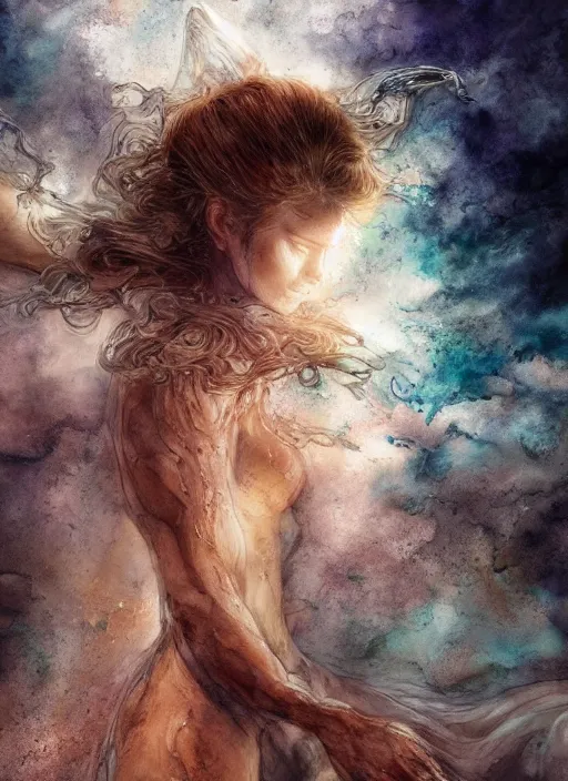 Image similar to portrait, A beautiful angel falling from grace into the depths of the abyss, watercolor, dramatic lighting, cinematic, establishing shot, extremely high detail, foto realistic, cinematic lighting, pen and ink, intricate line drawings, by Yoshitaka Amano, Ruan Jia, Kentaro Miura, Artgerm, post processed, concept art, artstation, matte painting, style by eddie mendoza, raphael lacoste, alex ross