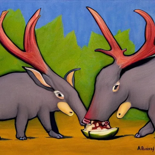 Image similar to Aardvarks with antlers eating apples