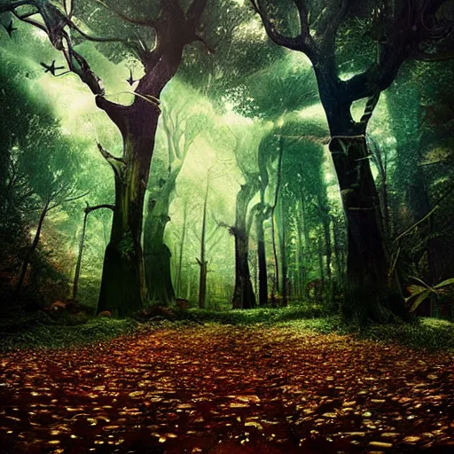 Prompt: magical forest taking over sci-fi city, digital art award-winning photography