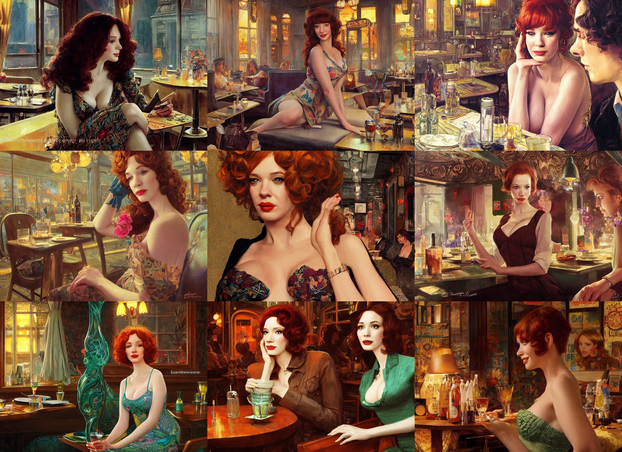 Image similar to sophisticated Christina Hendricks as a 1960s flower hippie relaxing in a smokey Paris tavern, elegant, highly detailed, shallow depth of field, concept art, Artstation, Artgerm, Donato Giancola, Joseph Christian Leyendecker