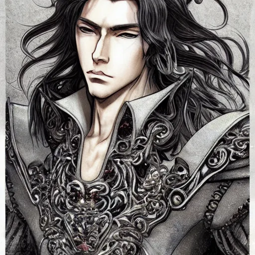 Image similar to portrait of a king, baroque style, elegant, beautiful, mesmerizing, concept art, fancy clothing, highly detailed, artstation, behance, deviantart, inspired by innocent manga, inspired by castlevania concept art, trending, ayami kojima, shinichi sakamoto