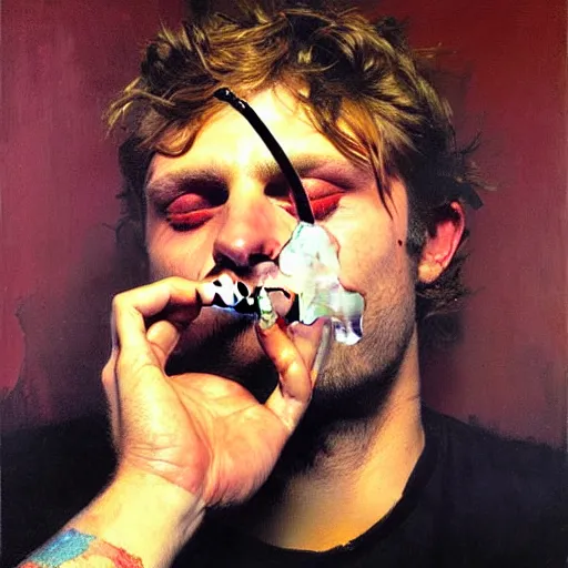 Image similar to portrait of mac demarco smoking a cigarette, detailed face, detailed painting, epic lighting, by ilya repin, phil hale and kent williams