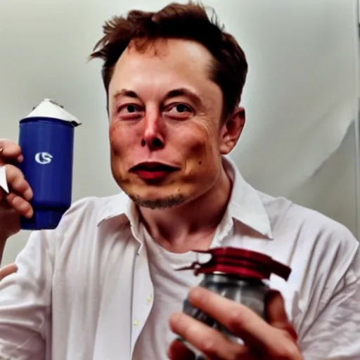 Image similar to elon musk sniffing fumes from a gas can, candid photo, college dorm room