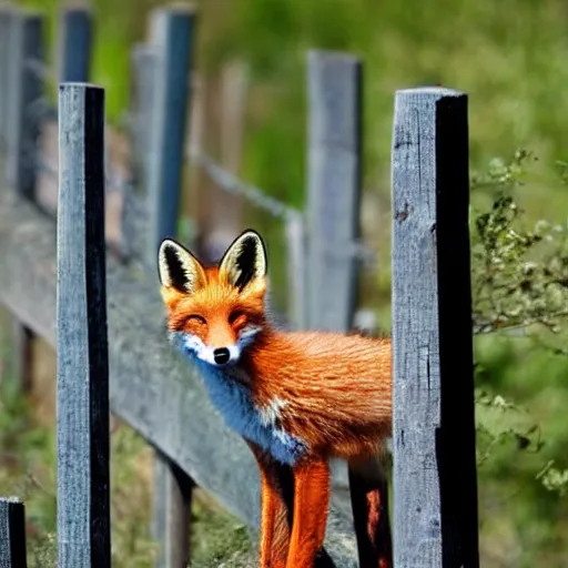 Image similar to one lone fox ontop a wooden fence