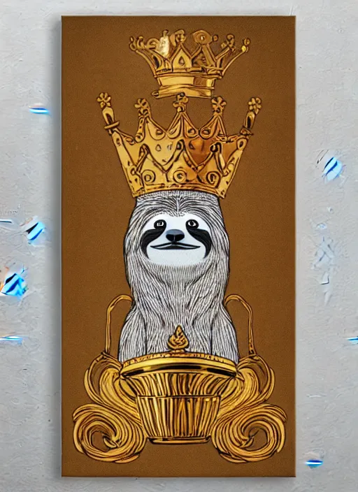 Image similar to sloth as the king of cups, copper cup, coper crown, poster framed, intricate details, medieval art style, high contrast, posterized