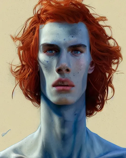 Prompt: symmetry!! portrait of tall, thin, 1 5 - year - old boy with a long nose, a lot of freckles, fiery red hair, and bright blue eyes, highly detailed, digital painting, artstation, concept art, smooth, sharp focus, illustration, art by artgerm and greg rutkowski and alphonse mucha