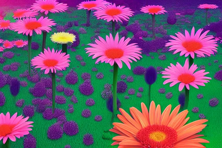 Image similar to beautiful field of giant gerber daisy flowers digital illustration by dr. seuss : 1 | colorful surreal psychedelic megaflora forest by beeple : 1
